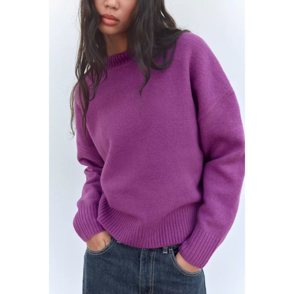 Banana Republic Womens Size XS Crewneck Sweater Bright Purple Ribbed Cotton Wool
